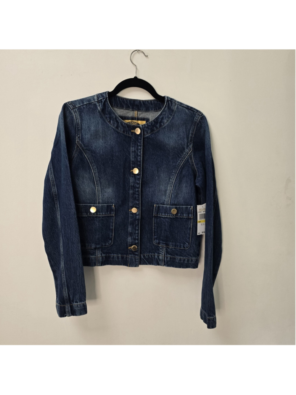 Michael Kors Denim Collarless Jean Jacket Gold Buttons Snap Pocket Medium Wash M